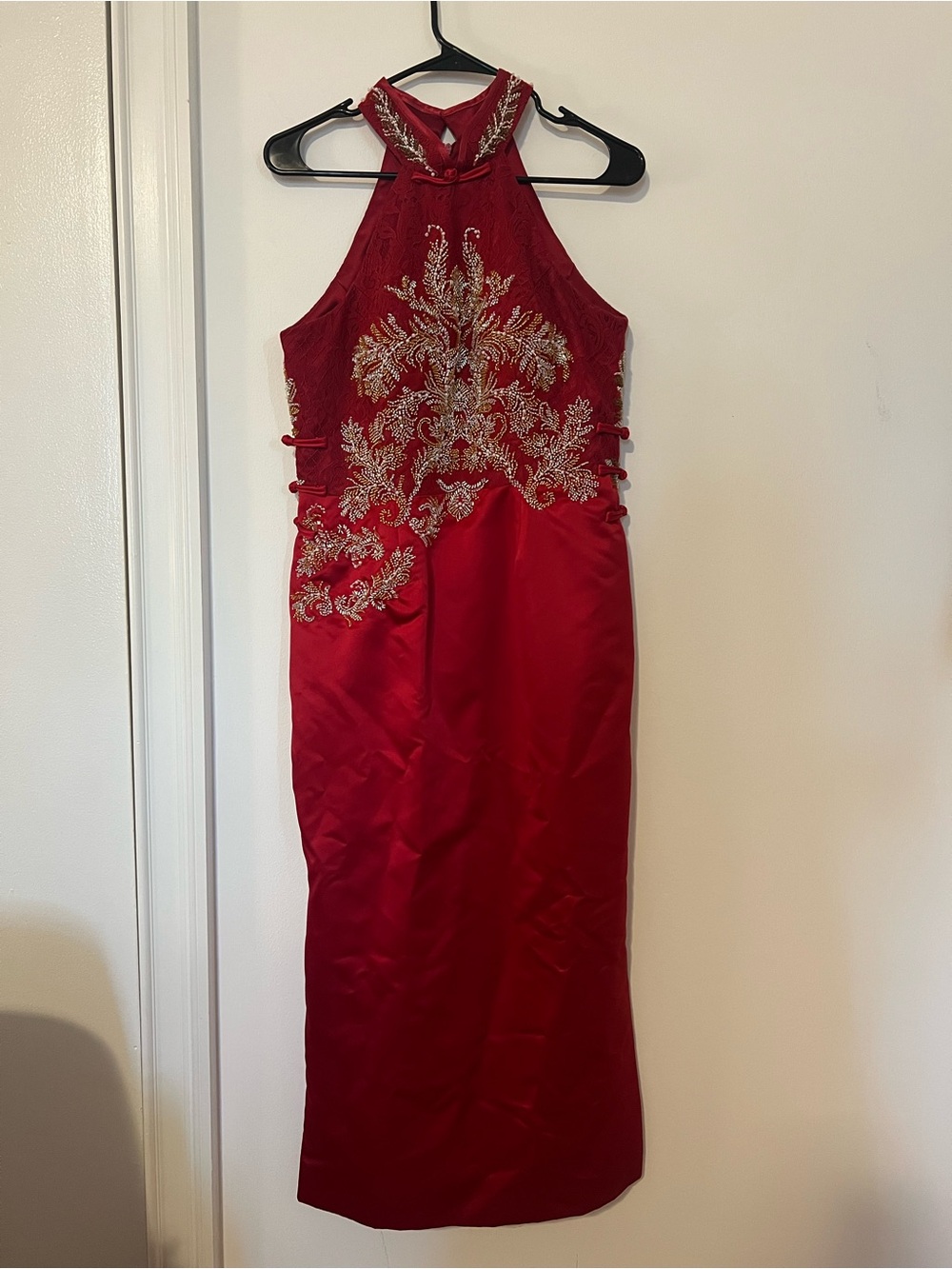 Red Embroidered Chinese Qipao Cheongsam Bridal Halter Tea Ceremony Wedding Dress